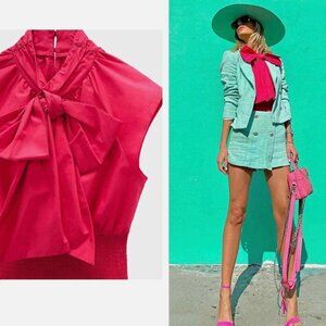 Zara Pink Bow Tie Top with Smocked Waist Size M NEW WITH TAG!